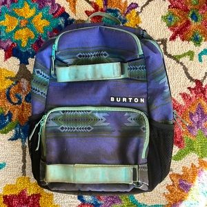 Burton backpack, Blue with aztec design, skateboard strap included, Medium size.